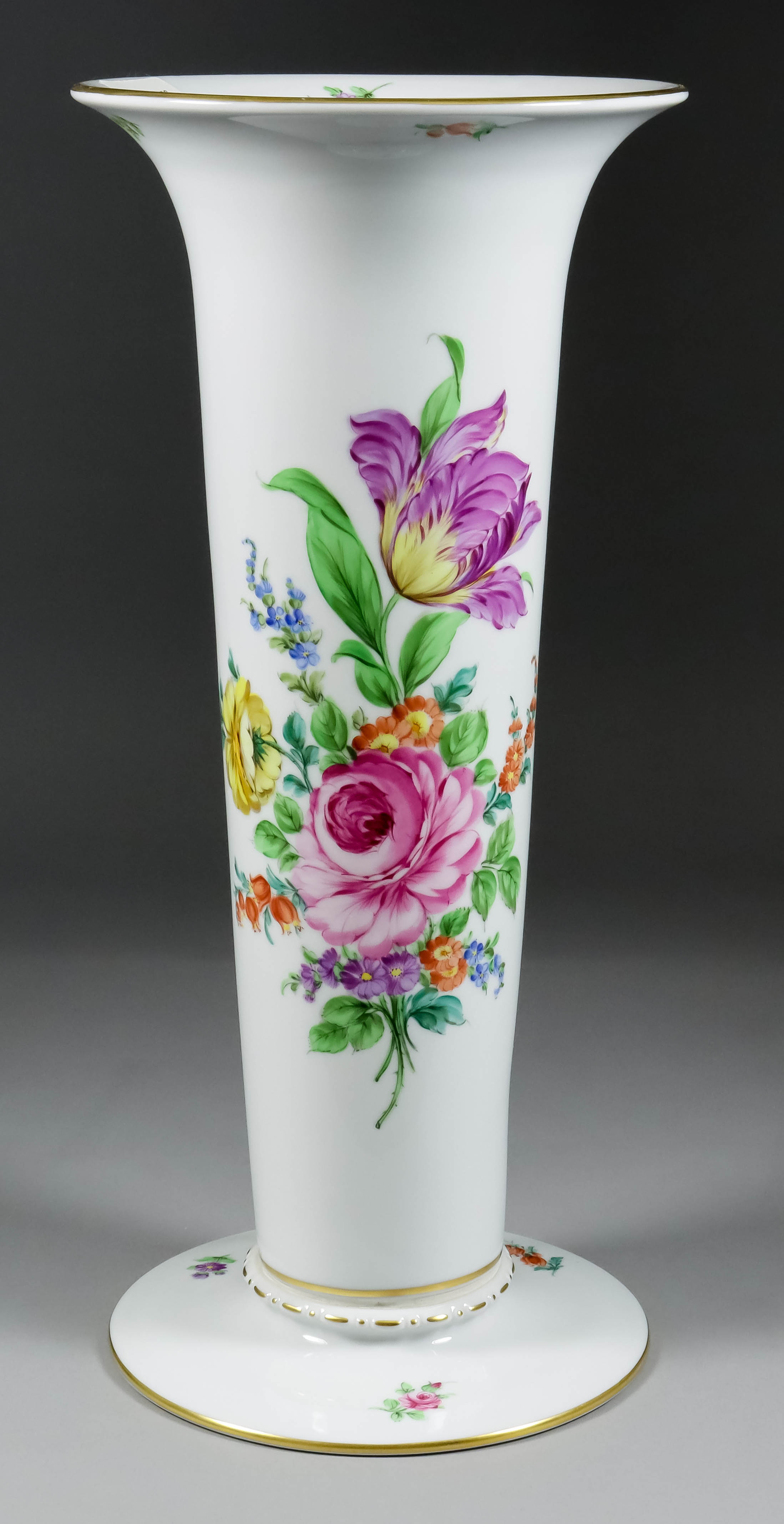 A Dresden Porcelain Flared Vase, Modern, painted in colours with a floral spray and scattered