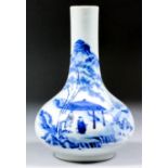 A Chinese Blue and White Porcelain Bottle Vase, 18th/19th Century, painted with a scholar and