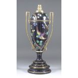 A Gilt Metal Mounted English Pottery Oil Lamp, Late 19th Century, enamelled with bird and