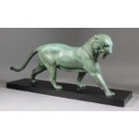 Plagnet (20th Century) - Green patinated spelter figure - Panther, circa 1930, mounted on a polished