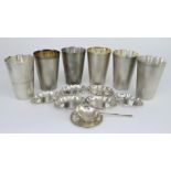 Six Continental Silvery Metal Cylindrical Beakers, the tapered bodies with textured exteriors, 4.