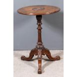 A Victorian Walnut Circular Tripod Table, the top with circular panel to centre inlaid with floral