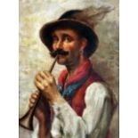 R. Webb (Late 19th/Early 20th Century) - Oil painting - Portrait of a Tyrolean gentleman blowing a
