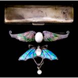 A Silver, Enamel and Pearl Moth Pattern Brooch, Early 20th Century, set with central oval pearl with
