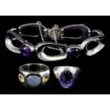 A Mexican Silver and Amethyst Bracelet, and Two Rings, all Modern, the bracelet set with five