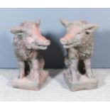 A Pair of Continental Terracotta Figures of Ii Porcellino, on rectangular bases, 21ins high