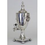 A Late Victorian Plain Plated Tea Urn, with turned finial, lion's mask and acanthus ring handles, on