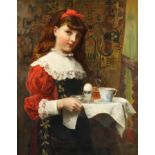 James N. Lee (fl. 1873-1891) - Oil painting - Half length portrait of a young girl wearing red
