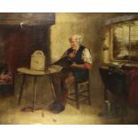 G. J. Barres (?) - Oil painting - "The Clock Repairer" - Interior of cottage with elderly