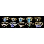 Ten 9ct Gold and Gem Set Rings, Modern, set with various gems, various sizes, total gross weight