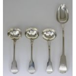 An Early Victorian Silver Fiddle Pattern Gravy Spoon, a Pair of George IV Silver Fiddle Pattern