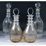 A Pair of Georgian Cut Glass Mallet-shaped Decanters, circa 1800, with triple ring necks and "