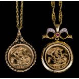 Two 9ct Gold Mounted Pendants, one set with an Elizabeth II Half Sovereign 2003, 25mm diameter