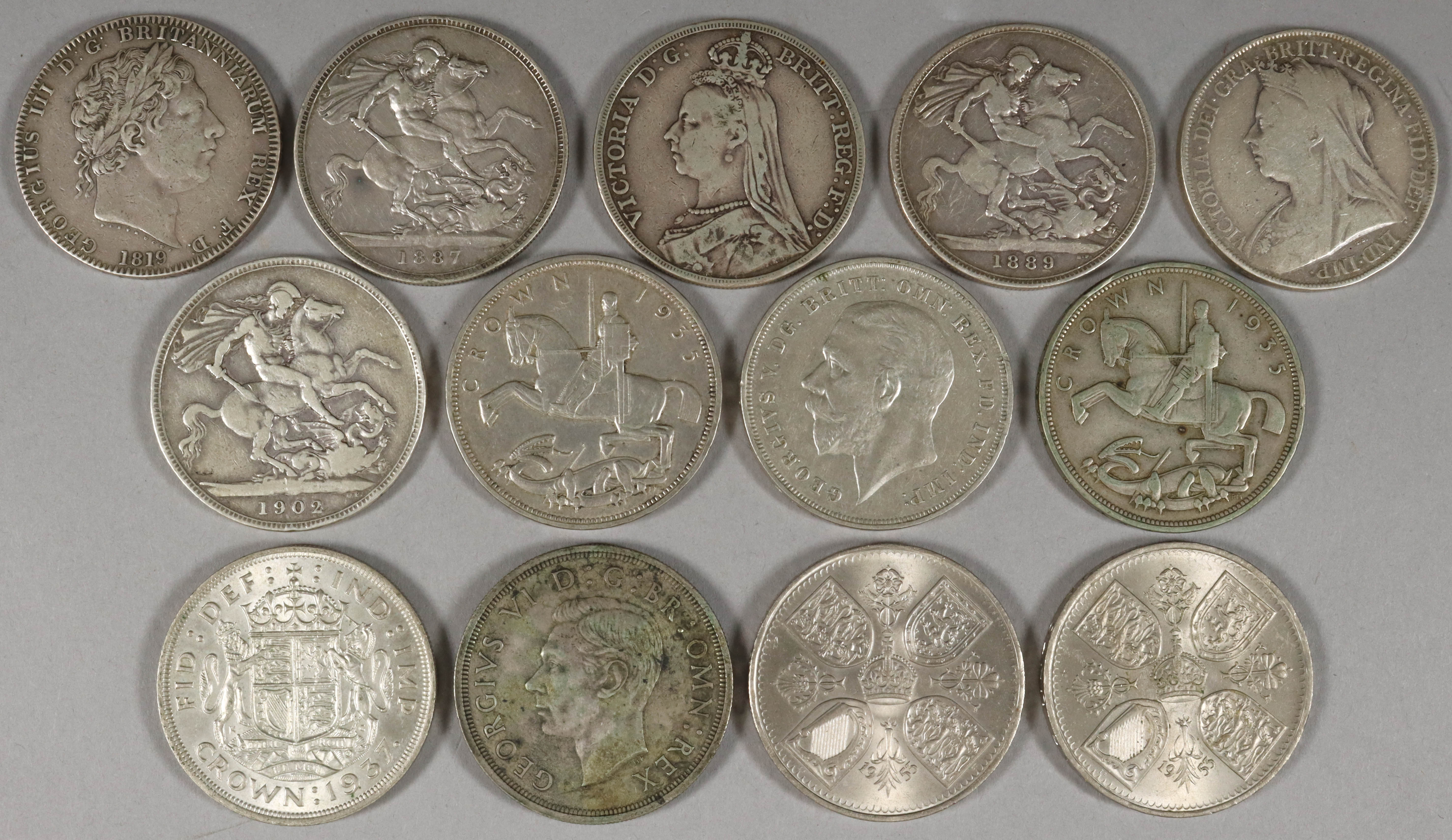 A Collection of Thirteen Crowns - George III 1819 (fair/fine), Victoria 1887, 1889, 1892 and 1899 (