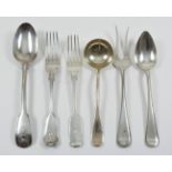 A Victorian Silver Fiddle Thread and Shell Pattern Table Spoon, and mixed flatware, the table