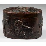 A Chinese Bronze Oval Box and Cover, Ming, the sides and lid cast with boys engaged in various