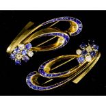 A Pair of Sapphire and Diamond Clips, 20th Century, in gold coloured metal mount, of double scroll