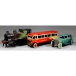 Two Chad Valley Tinplate Clockwork Toys - "Burnett" model - "Red and White" bus, 12ins overall x 4.
