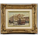 ***Ken Moroney (born 1949) - Small oil painting - London street scene with horse drawn tram,