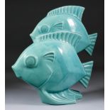 A French Le Jan Pottery Model of Swimming Fish, circa 1930, enamelled with a turquoise glaze,