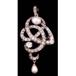 A Diamond and Pearl Brooch or Pendant at Will, 19th Century, in 14ct gold mount of entwined scroll