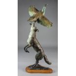 ***Belinda Sillars (born 1961) - Green verdigris patinated bronze group of a fox attacking a