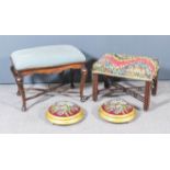 A Continental Walnut Rectangular Stool of Slightly Shaped Outline, the drop-in seat in blue cloth,