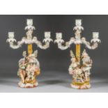 A Pair of Sitzendorf Porcelain Three-Branch Candelabra, Late 19th Century, modelled with cockerels
