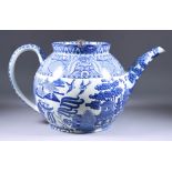 An English Pearlware Pottery Tea Pot and Cover of Large Size, Early 19th Century, printed with a