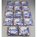 Fourteen English Blue and White and Manganese Delft Tiles, Mid 18th Century, the central