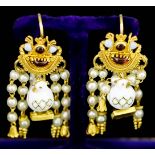 A Pair of Seed Pearl Enamel and Gem Set Drop Earrings, in 14ct gold mount for pierced ears, in the
