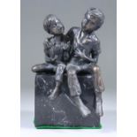 ***Jill Cowie Sanders (born 1930) - Brown patinated bronze group - "Brothers" - Two boys seated on a