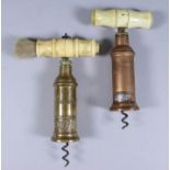 Two Thomason's Patent Double Action Corkscrews, 19th Century, one with cylindrical bronze barrel
