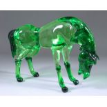 A Murano "Formia" Green Glass Sculpture - Horse watering, 8.75ins high, with label