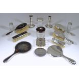 A George VI Silver Circular Compact, and mixed silver topped and silver backed dressing table items,