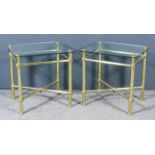 A Pair of Modern Brass Finish Rectangular Tables, with plate glass tops, on turned supports, with