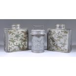 A Pair of Chinese Pewter Rectangular Tea Canisters, engraved with flowering branches, birds and