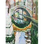 ARR John Bratby (1928-1992) - Acrylic - Venetian backwater canal scene with bridge, canvas 48ins x