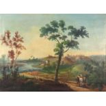 19th Century Spanish School - Oil painting - River landscape with figure and horses on pathway to