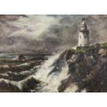 J. W. D. (19th Century) - Oil painting - Moonlit stormy seascape with lighthouse on cliff and