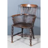 A 19th Century Mahogany Stick Back Windsor Armchair, with curved two-tier back, dish seat on