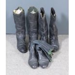 A Pair of Officer's Riding Boots with Spurs, green trim and lining, and two other pairs of mounted