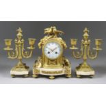 A Late 19th Century French Gilt Brass Cased and White Marble Three Piece Clock Garniture, the