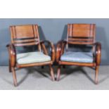 Two Eastern Stained Hardwood "Planters" Chairs, with low panelled backs, curved arms, and cane