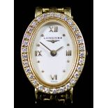 A Lady's Longines Quartz Wristwatch, Modern, 18ct gold cased, the oval cream dial with gold Roman