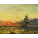 Style of Edwin Hayes (1819-1904) - Oil painting - Marine scene at sunset with sailing boat on a