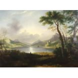 19th Century English School - Oil painting - Loch scene with trees, figure, sheep and cattle to
