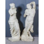Two Moulded Composition Statuettes after the Antique - Classical male and female, 44ins and 46ins