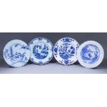Four English Blue and White Delft Plates, 18th Century, including - island with pavilions, and