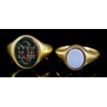 Two Signet Rings, one in 18ct gold mount, set with oval bloodstone cut with initials, size J 1/2,